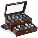 BEWISHOME Watch Box, 20 Slots Watch Case for Men - Luxury Watch Organizer with Glass Top,Smooth Faux Leather Interior, Brown SSH04Y BEWISHOME