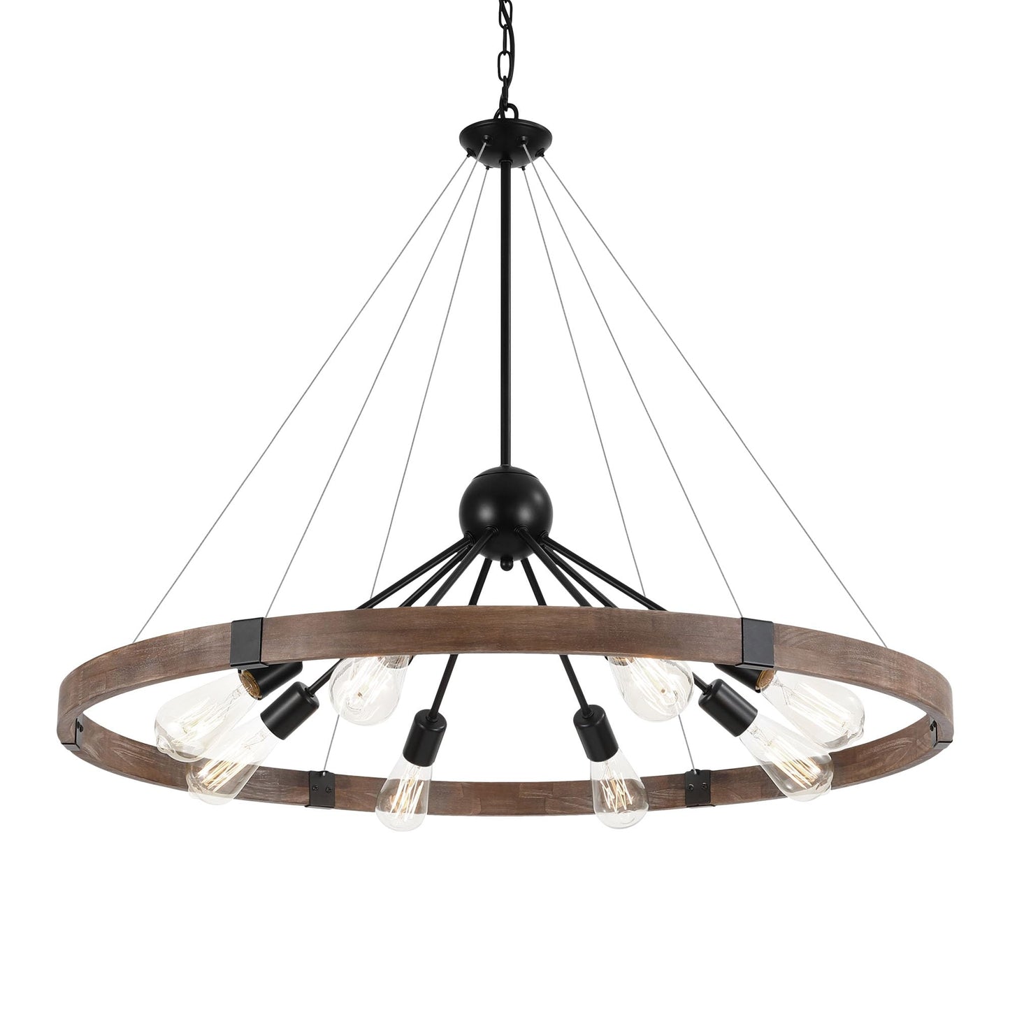 LamQee Farmhouse Wagon Wheel Chandelier, 8-Light Rustic Round Metal High Ceiling Light Fixtures Large 35.4" Chandelier for Living Room Entryway Kitchen Island (Retro Wood)