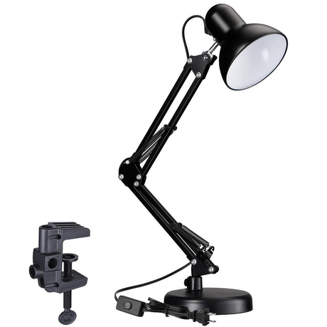 TORCHSTAR Metal Desk Lamp with Clamp, Swing Arm , Architect Adjustable Gooseneck Table Lamp, Clip Desk Lights for Home Office, Work, Study, Reading, E26 Base, Multi-Joint, Black TORCHSTAR