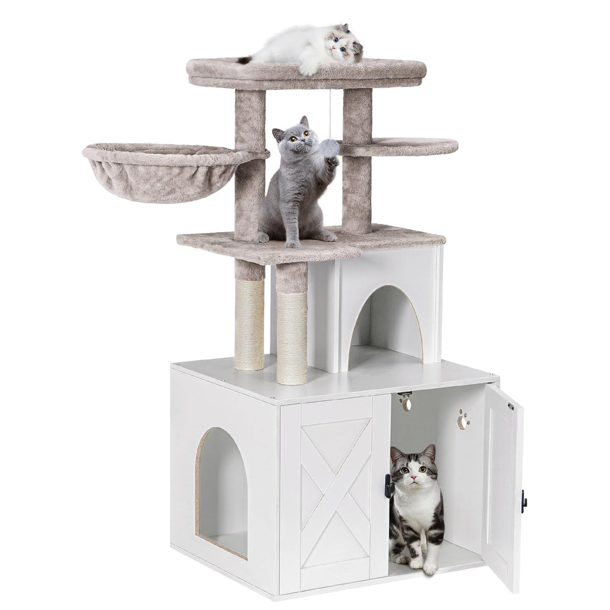 Snughome Cat Litter Box Enclosure with Cat Tree Tower and Condo, Hidden Cat Washroom Furniture with Sisal Scratching Post and Soft Plush Perch, Wooden Cat Furniture with Multiple Platforms, White Snughome
