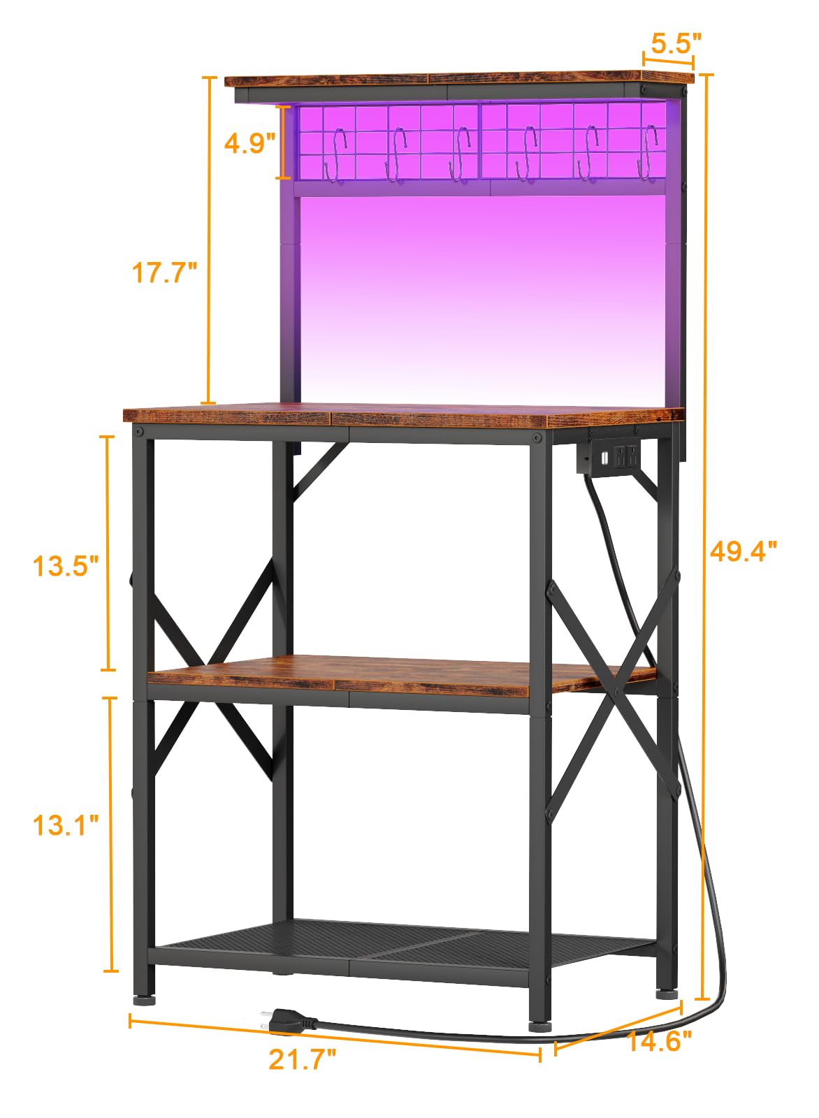 Furologee Bakers Rack with Power Outlet and LED Light, Small Microwave Stand with 4 Tier Shelves, Coffee Bar Station Table with 6 S Hooks, Kitchen Storage Rack for Spices, Pots, Rustic Brown Furologee