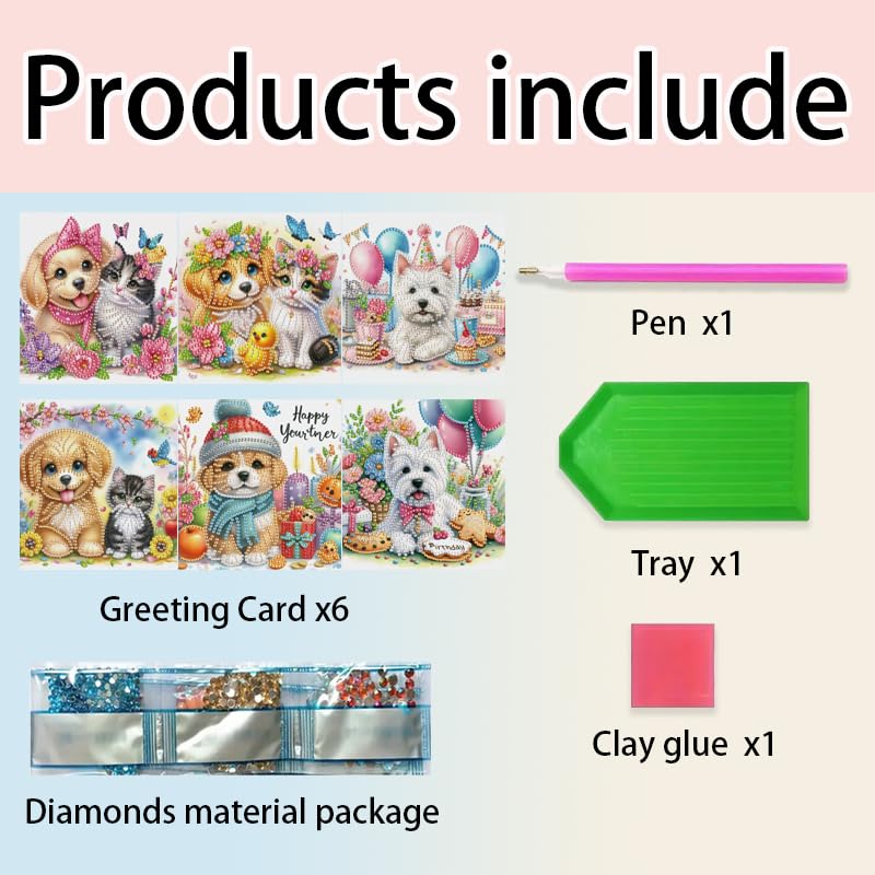 MaiYiYi 6 Pack DIY Cute Dog Diamond Art Greeting Cards Kit Cat Greeting Card Diamond Art Kits for Adults Little Pet Diamond Painting Greeting Cards for Family Friends Holiday Birthday MaiYiYi