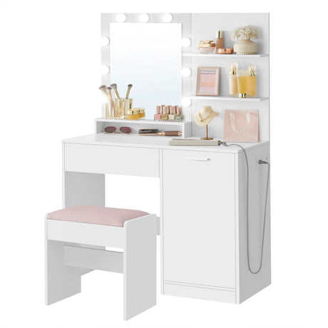 VASAGLE Vanity Desk with Mirror and Lights, 35.4-Inch Wide Makeup Vanity with Upholstered Vanity Stool, Power Outlets, Dimmable LED Lights, Storage Drawer, for Bedroom, Cloud White URDT128W01 VASAGLE