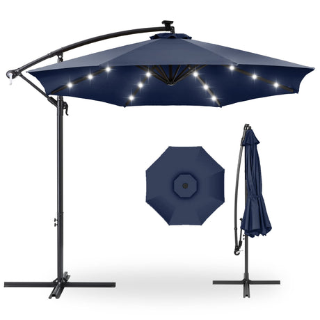 Best Choice Products 10ft Solar LED Offset Hanging Market Patio Umbrella for Backyard, Poolside, Lawn and Garden w/Easy Tilt Adjustment, Polyester Shade, 8 Ribs - Navy Blue Best Choice Products