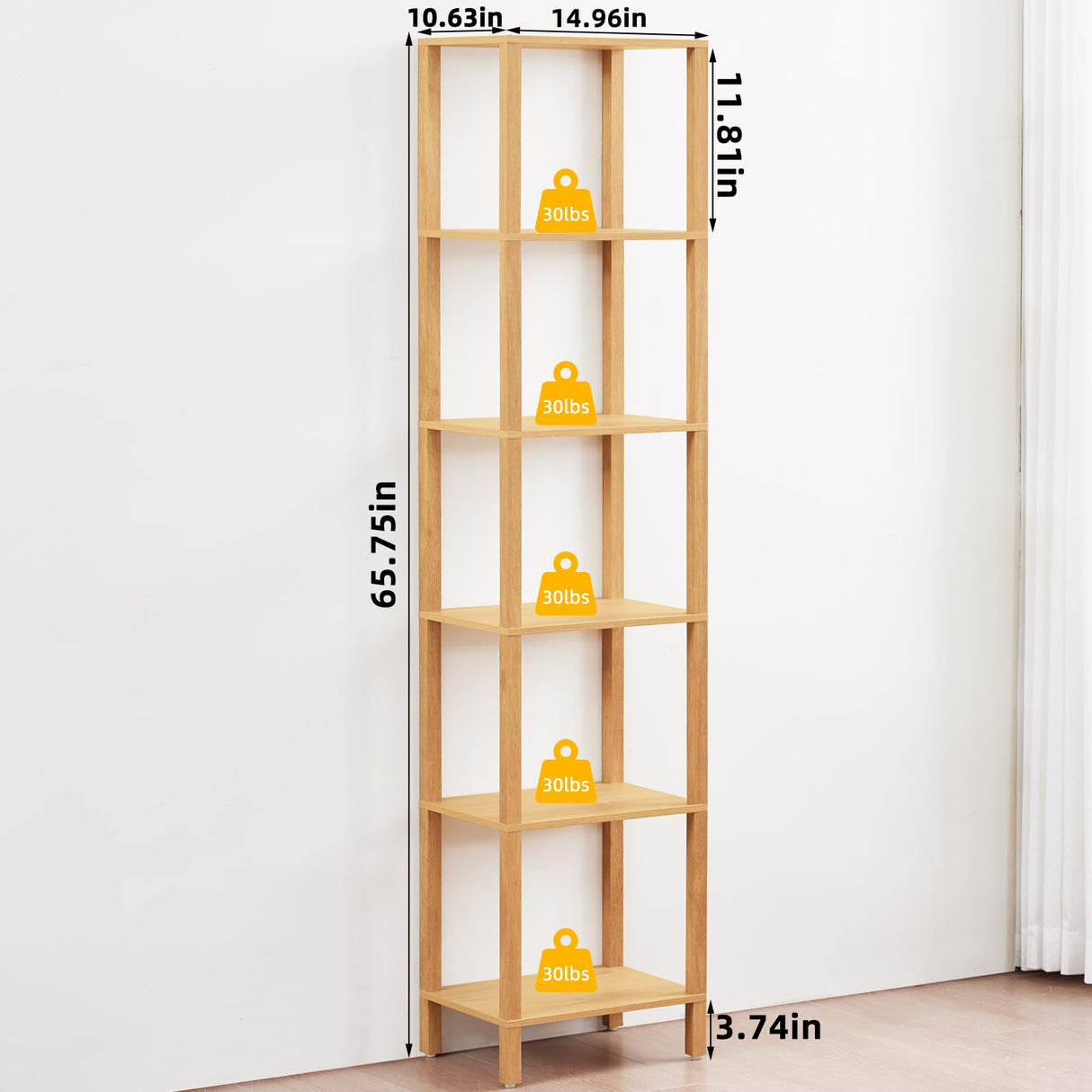 YUFAM 66in Tall Bookshelf 6-Tier Small Narrow Bookcase, Skinny Book Shelf for Small Space, Farmhouse Slim Shelf with Storage, Wood Freestanding Display Thin Bookshelves for Living Room, Natural YUFAM