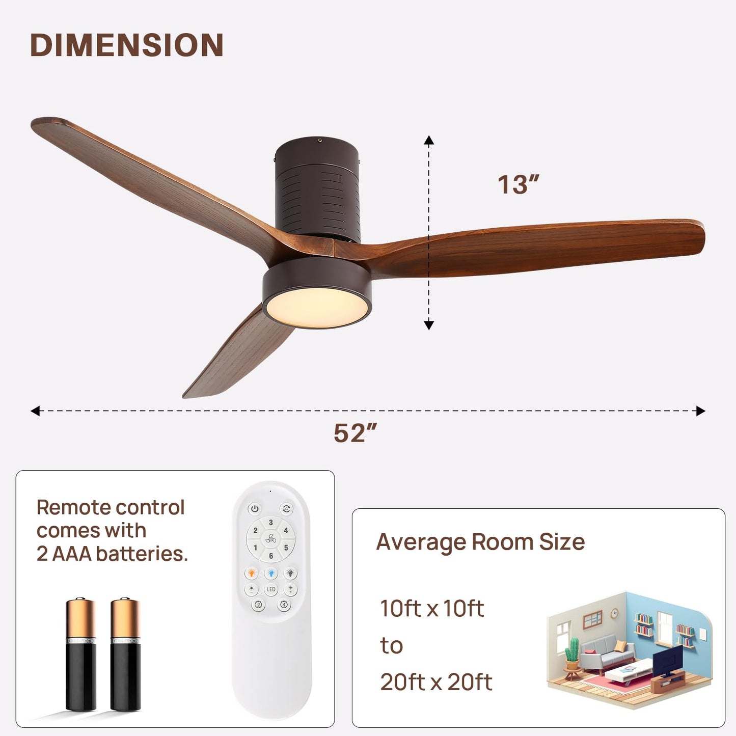 Sofucor 52 inch Low Profile Ceiling Fan with Light, Solid Wood Ceiling Fan with Light and Remote, 3-Color 6-Speed Noiseless Reversible DC Motor with Timer for Bedroom & Living Room