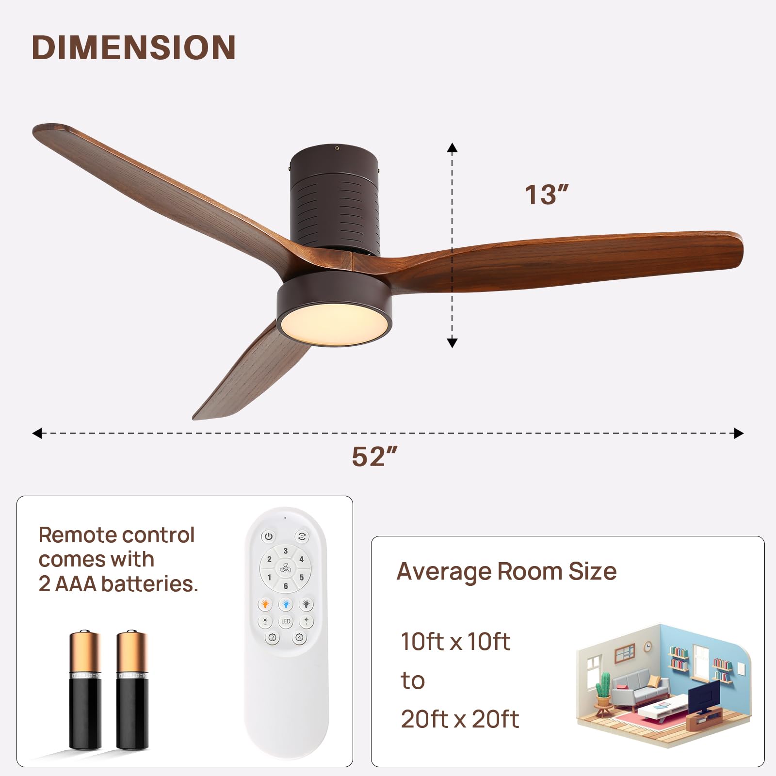 Sofucor Ceiling Fan 52'' Low Profile Ceiling Fan with Lights Remote Control Wood Blades Dimmable Light Reversible DC Motor Modern Ceiling Fan for Kitchen, Bedroom, Basement, Dining, Living Ro - WoodArtSupply