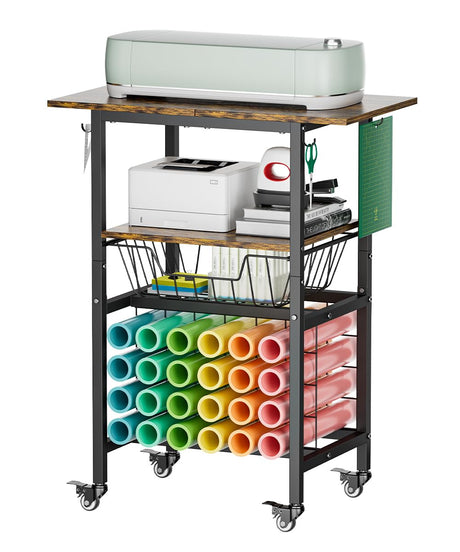 Queension Craft Cart with Wheels Compatible with Cricut Machines, Craft Organization and Storage Stand with Craft Table for Cricut Accessories, Rolling Storage Cart with 24 Vinyl Roll Hollers，Black Queension