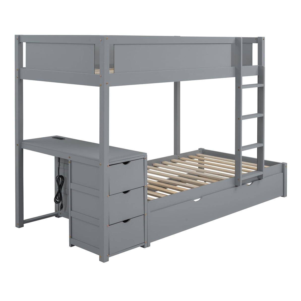 Merax Twin Over Twin Bunk Bed with Twin Size Trundle, Under-Bed Desk and Storage Drawers, No Box Spring Needed Merax
