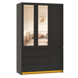 jiteentarou 3 Doors Armoire Wardrobe Closet with 3 Drawers & Mirror, Modern Wooden Bedroom Armoires with Hanging Rod Led Lights for Bedroom, Black jiteentarou