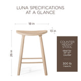 Maven Lane Luna 26 Inch Tall Counter Height Backless Modern Dining Barstool in Rustic Light Oak Wood Finish with Narrow Saddle Seat, Set of 2 Maven Lane