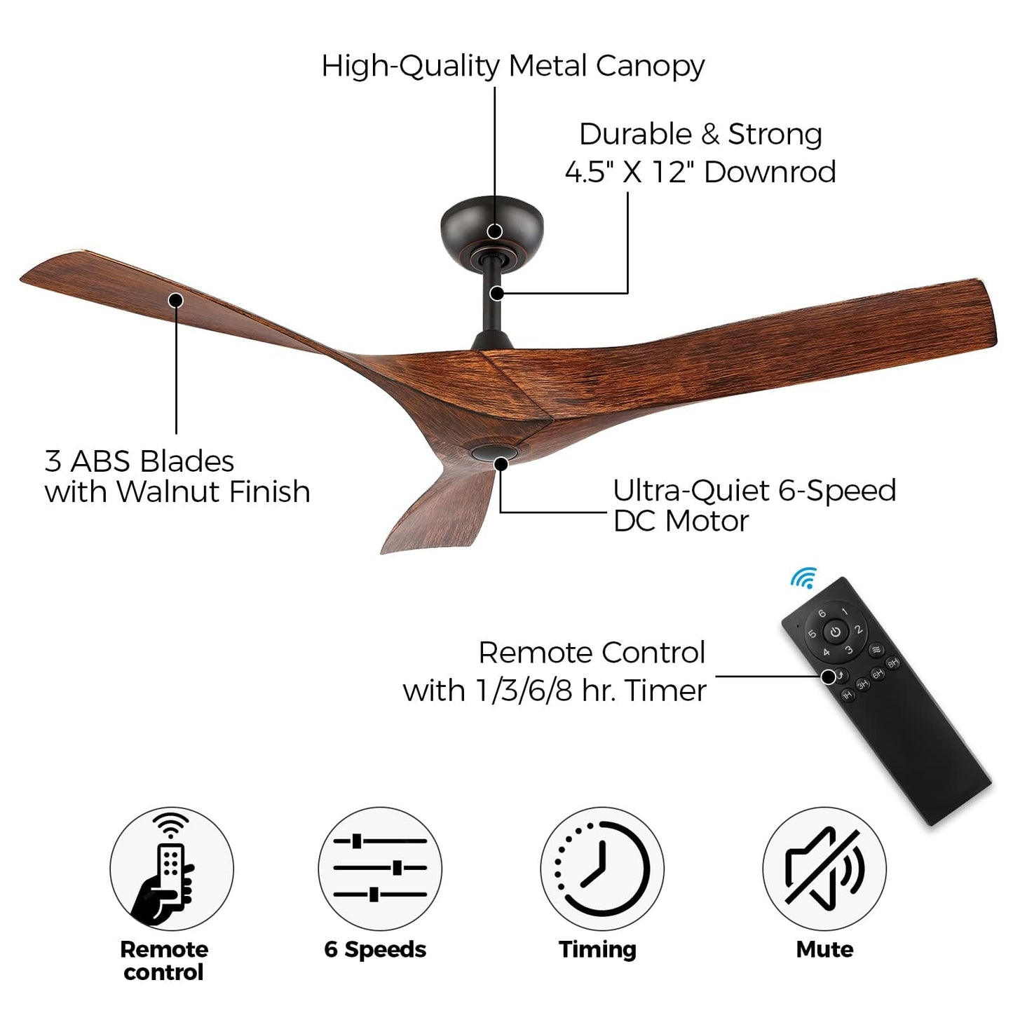 WINGBO 52" DC Ceiling Fan without Lights, Walnut Bronze Ceiling Fan with Remote, 3 Curved ABS Blades, Noiseless Reversible DC Motor, Modern Ceiling Fan for Kitchen Bedroom Living Room, ETL Listed