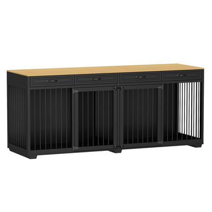 DAWNSPACES Extra Large Dog Crate Furniture, 93 Inch Heavy Duty Wooden Dog Kennel with Drawers & Removable Divider, Indoor Furniture Style Luxury Double Rooms Dog House for XL Large Dogs, Blac - WoodArtSupply