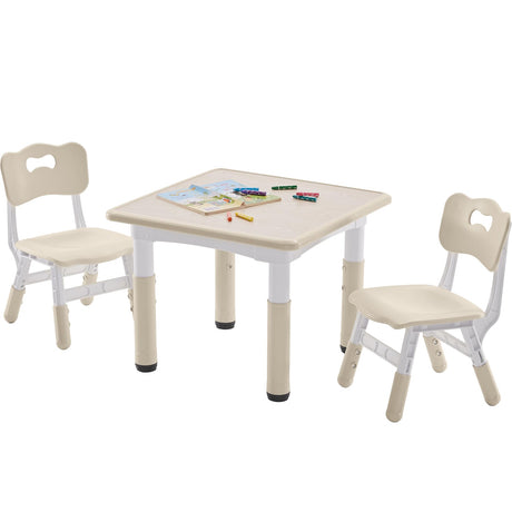 DOREROOM Kids Table and 2 Chairs Set, Height-Adjustable Toddler Table and Chairs Set with Graffiti Desktop, 23.6''L x 23.6''W Children Activity Table for Daycare, Classroom, Home DOREROOM
