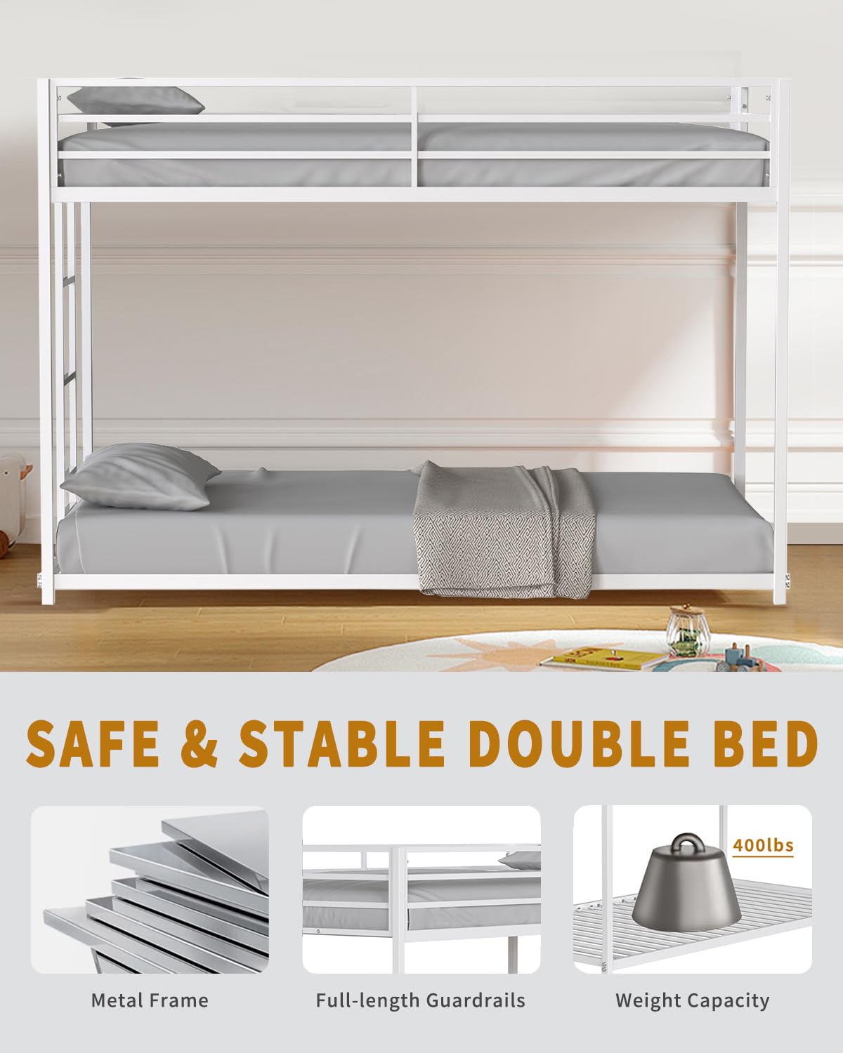 LifeSky White Metal Twin Over Twin Low Profile Bunk Bed with Side Ladder - WoodArtSupply