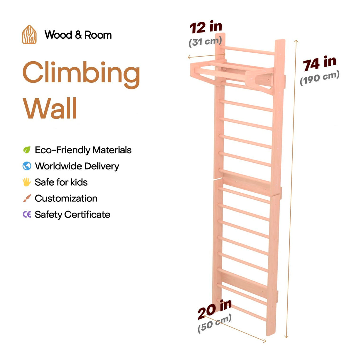 WOOD&ROOM Indoor Montessori Swedish Stall Bars Climbing Wall for Toddlers with Climber Ramp Wooden Swedish Ladder Stall Bars Climber for Kids Gymnastic Wall (no Slide) WOOD&ROOM