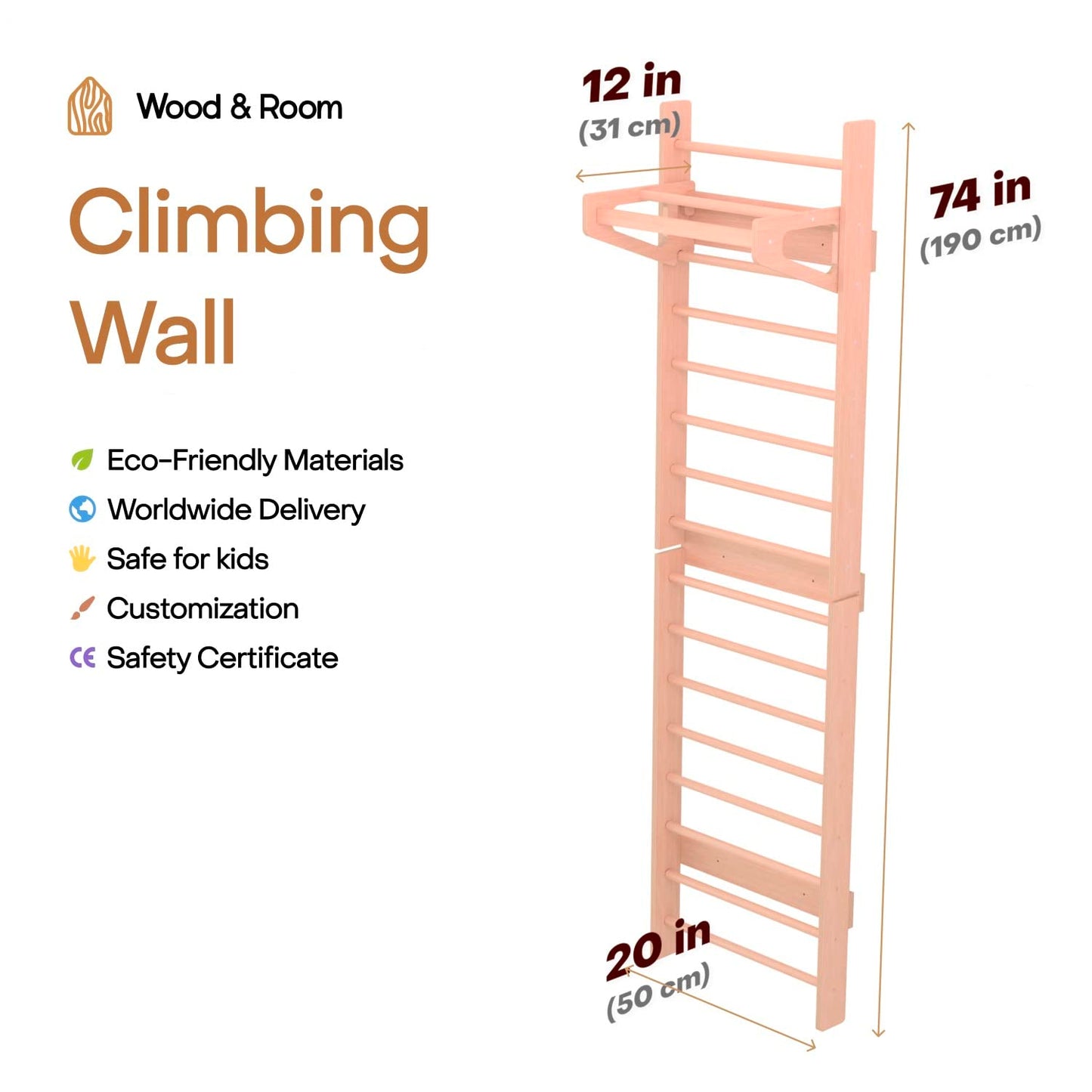 WOOD&ROOM Indoor Montessori Swedish Stall Bars Climbing Wall for Toddlers with Climber Ramp Wooden Swedish Ladder Stall Bars Climber for Kids Gymnastic Wall (no Slide)