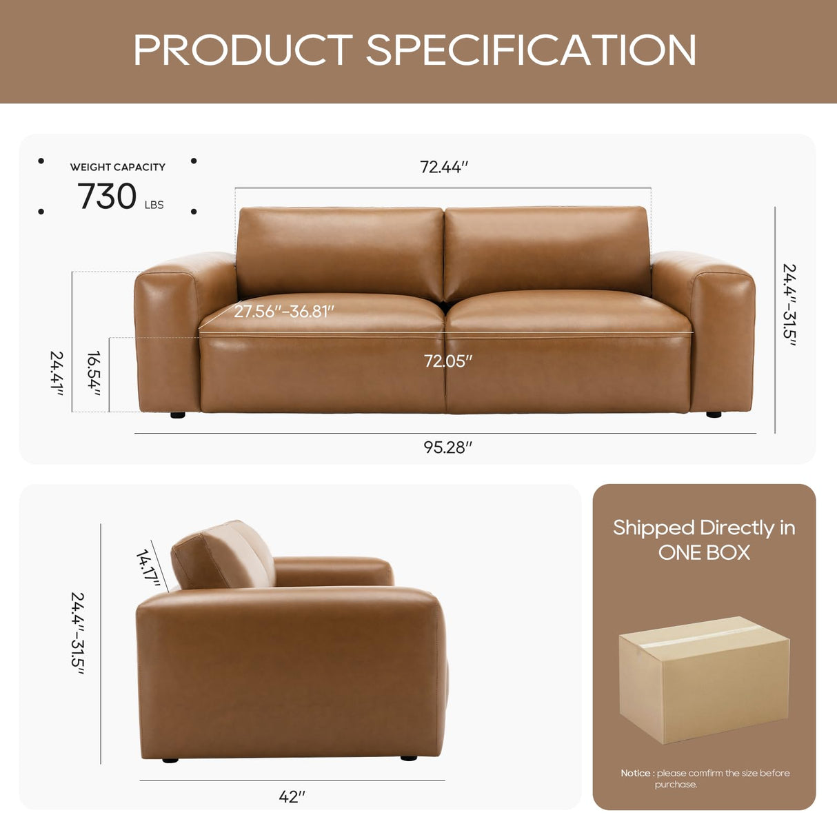 COLAMY 95Inches Oversized PU Leather Sofa for Living Room-Down Filled 3-Seater Modern Sofa with Extra Deep Seats, Wide Arm-Brown COLAMY