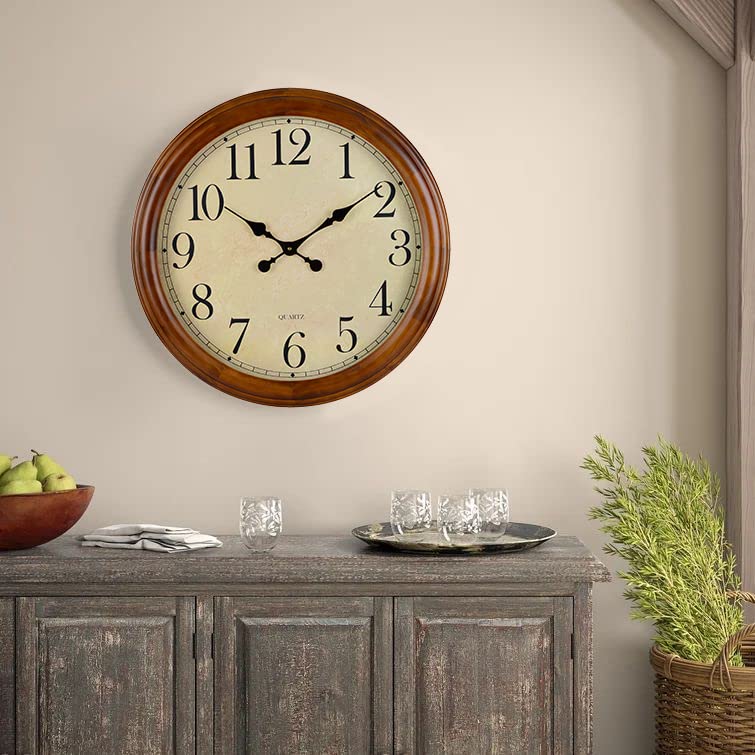 24-Inch Wood Silent Non-Ticking Battery Operated Decorative Wall Clock Brown Old Oak