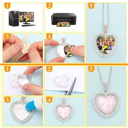 PH PandaHall 6 Sets Sublimation Rhinestone Tray Pendants, 3 Style Double Sided Pendant Blank Wing Heart Round Bezel Trays with Sublimation Blanks and Cabochons for Christmas Necklace Jewelry Making