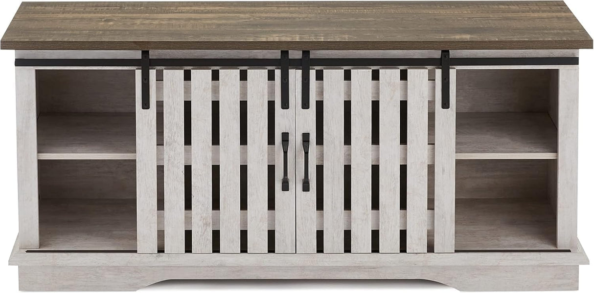 ROCKPOINT Modern Farmhouse Sliding Fence Door Stand for TVs up to 65 Inches, 58inch, White Wash ROCKPOINT