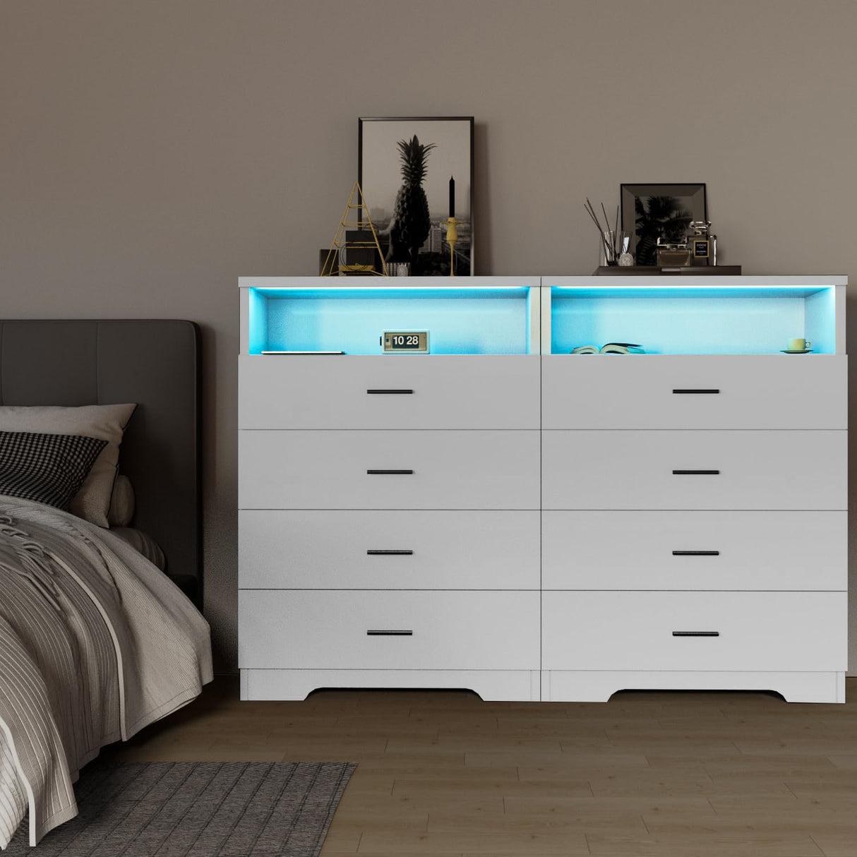 FJTJBSI Dresser with Power Outlets and LED Lights Wooden 4 Drawer Dresser with Large Organizer Tall White Dresser for Bedroom Chest of Drawers Closet Modern Dresser for Living Room Kids Room FJTJBSI