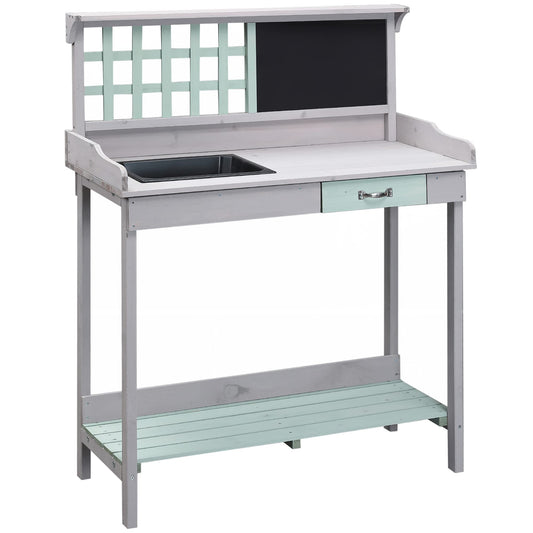 Outsunny Outdoor Wooden Potting Bench Table with Removable Sink, Garden Work Bench with Chalkboard, Drawer, Open Shelf Storage, Light Gray - WoodArtSupply