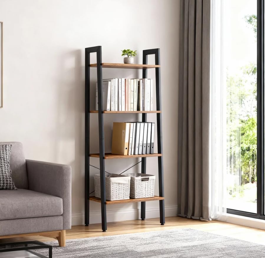 DUMOS Ladder Shelf, 4-Tier Display Bookshelf, Industrial Style Storage Standing Shelf, Decorative Shelves with Stable Frame for Living Room, Bedroom, Office, Kitchen, Bathroom, Brown DUMOS