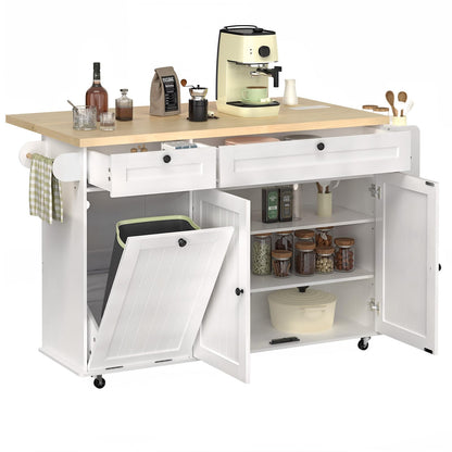 60" Kitchen Island with Power Outlet & Drop Leaf, Kitchen Rolling Island with Spice Rack & Towel Rack, Knife Holder, Kitchen Island Cart with Trash Storage Cabinet, Mobile Island Table for Kitchen