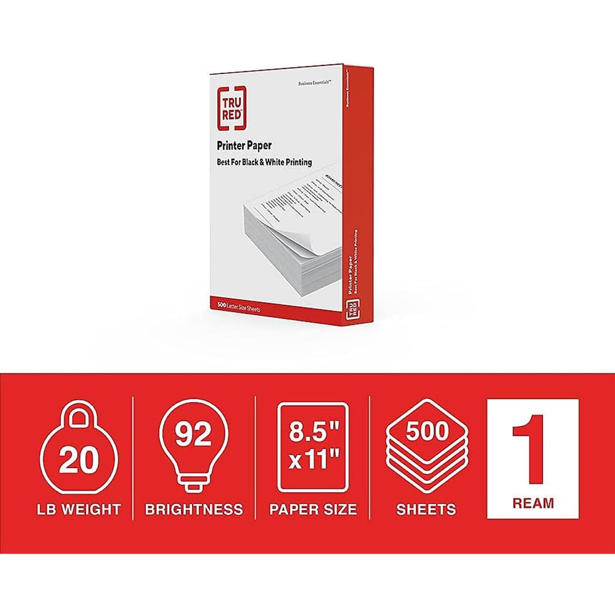 TRU RED Printer Paper, 8.5" x 11", Designed for High-Speed Printers, 92-Brightness, White Color (500 Sheets/Ream) TRU RED