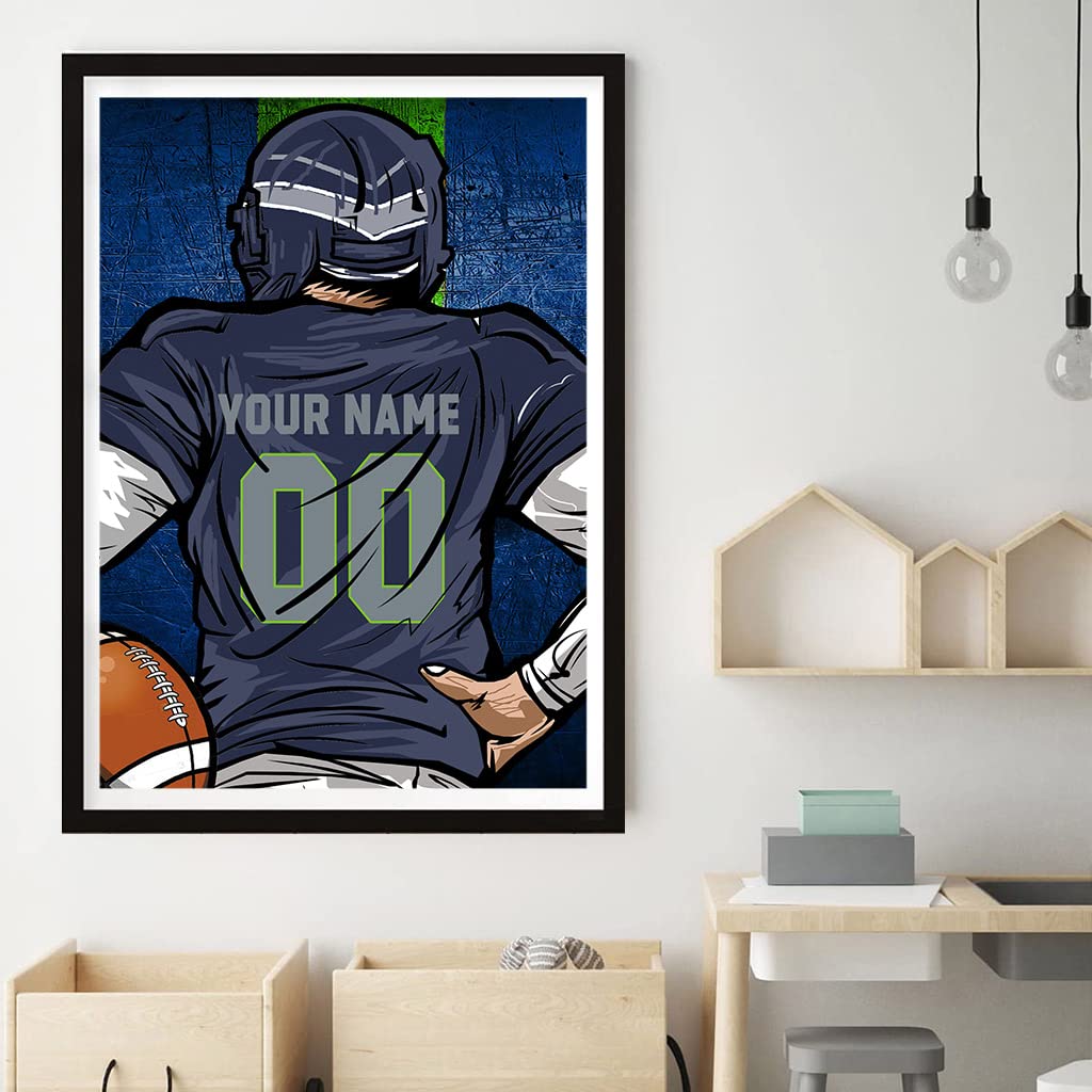 Custom Football Diamond Painting with Name and Number,Customized Sports Fan Jersey Painting,Personnalized Football Player Diamond Art for Home Decor (Seattle Navy-Blue) Weadatty