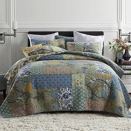 Wistown Cotton Bedspread Bedding Coverlet Quilt Sets, Reversible Vintage Branch Floral Bedspread comforters, (Rustic Sage Green Patchwork Pattern, King Size) Wistown