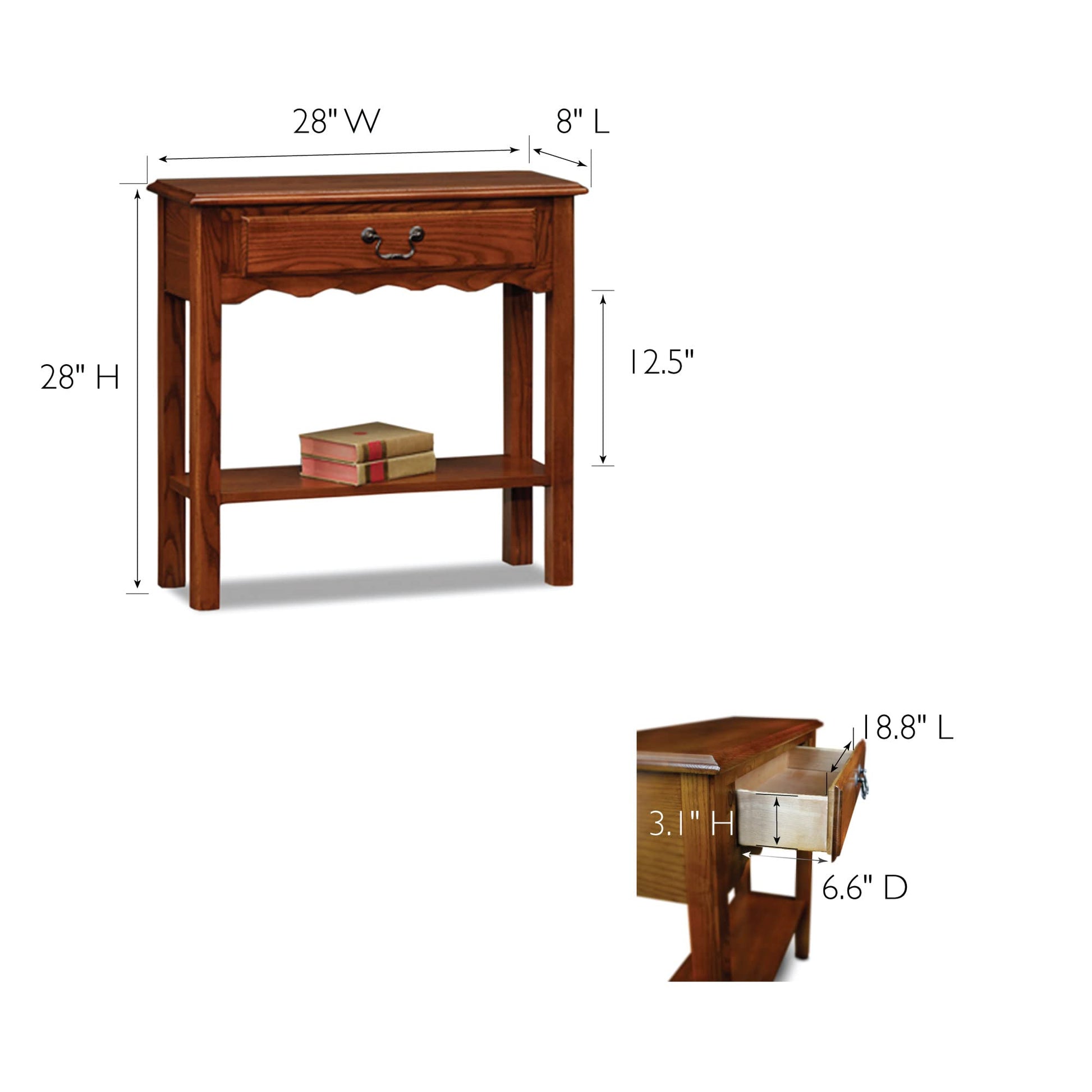 Leick Home One Drawer Wave Hall Console Table with Shelf, Medium Oak, 28" W - WoodArtSupply