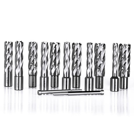 OSCARBIDE Annular Cutter Set 13pieces,2"Cutting Depth,3/4"Weldon Shank and 7/16 to 1-1/16 inch Cutting Diameter Mag Drill Bits for Magnetic Drill Press with 2pcs Pilot Pins OSCARBIDE