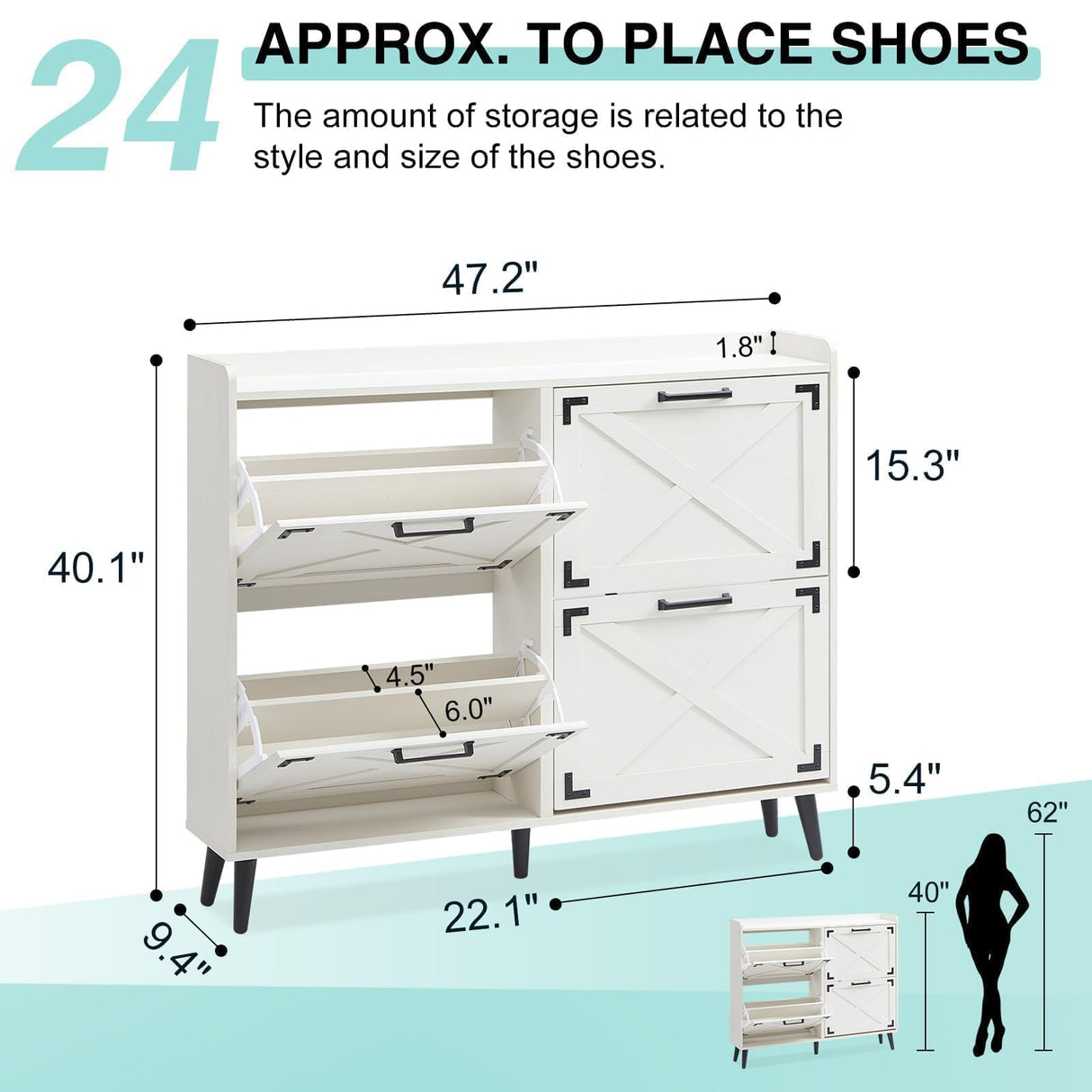 Barnyatoh Shoe Storage Cabinet,Farmhouse Shoe Organizer with 4 Flip Drawers & Barn Door Design,Freestanding Hidden Slim Narrow Shoe Rack Cabinet for Entryway,Foyer,Hallway,Antique White Barnyatoh