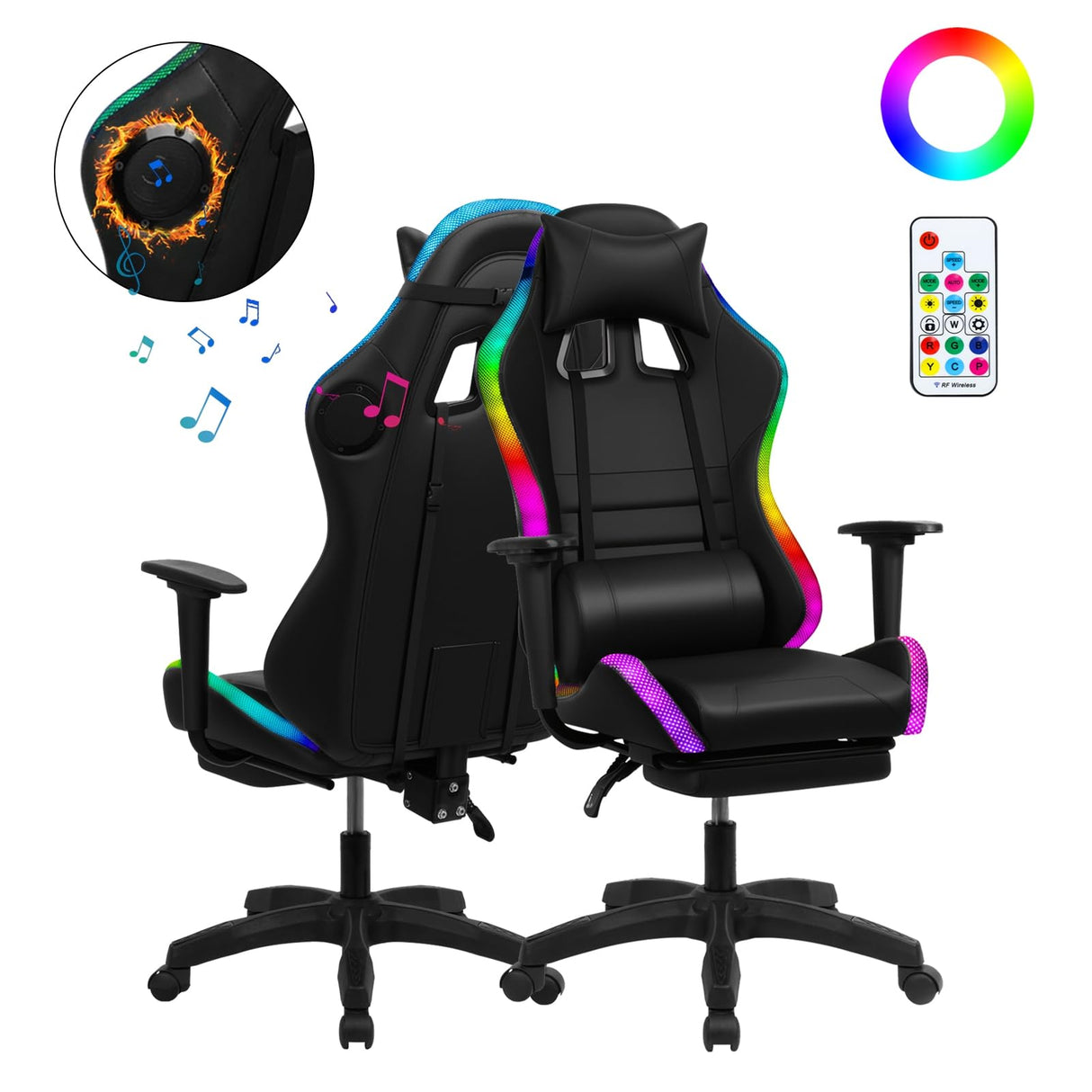 gihusrzx Gaming Chair with Two Bluetooth-Compatible Speakers, Office Executive Chair with Retractable Footrest, Multiple RGB LED Light Modes 360 Degree Rotation Game Chair, 350lbs Load Red gihusrzx