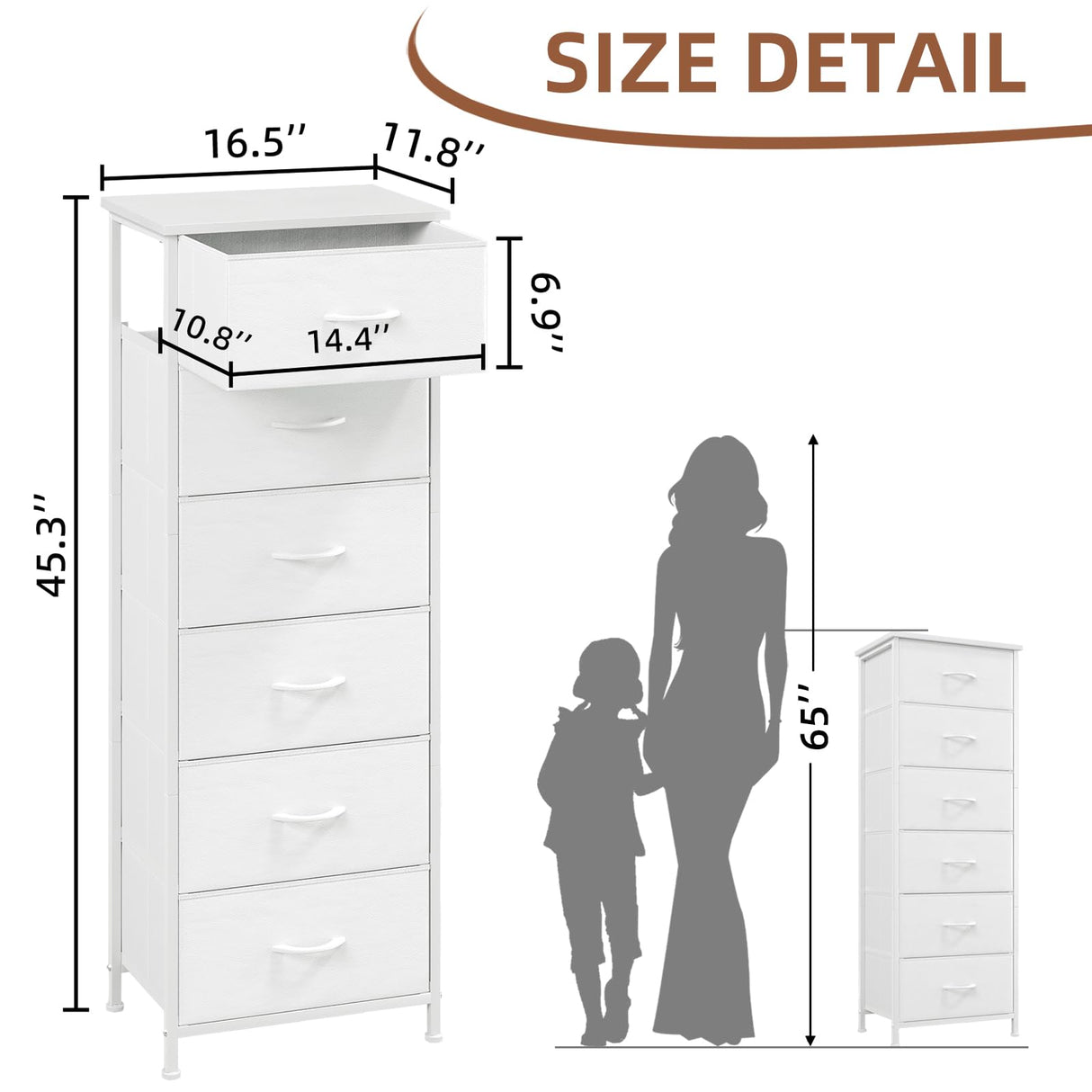 Somdot Tall Dresser for Bedroom with 6 Drawers, Storage Organizer Chest of Drawers with Removable Fabric Bins for Closet Bedside Living Room Laundry Entryway Hallway, White Leather Somdot