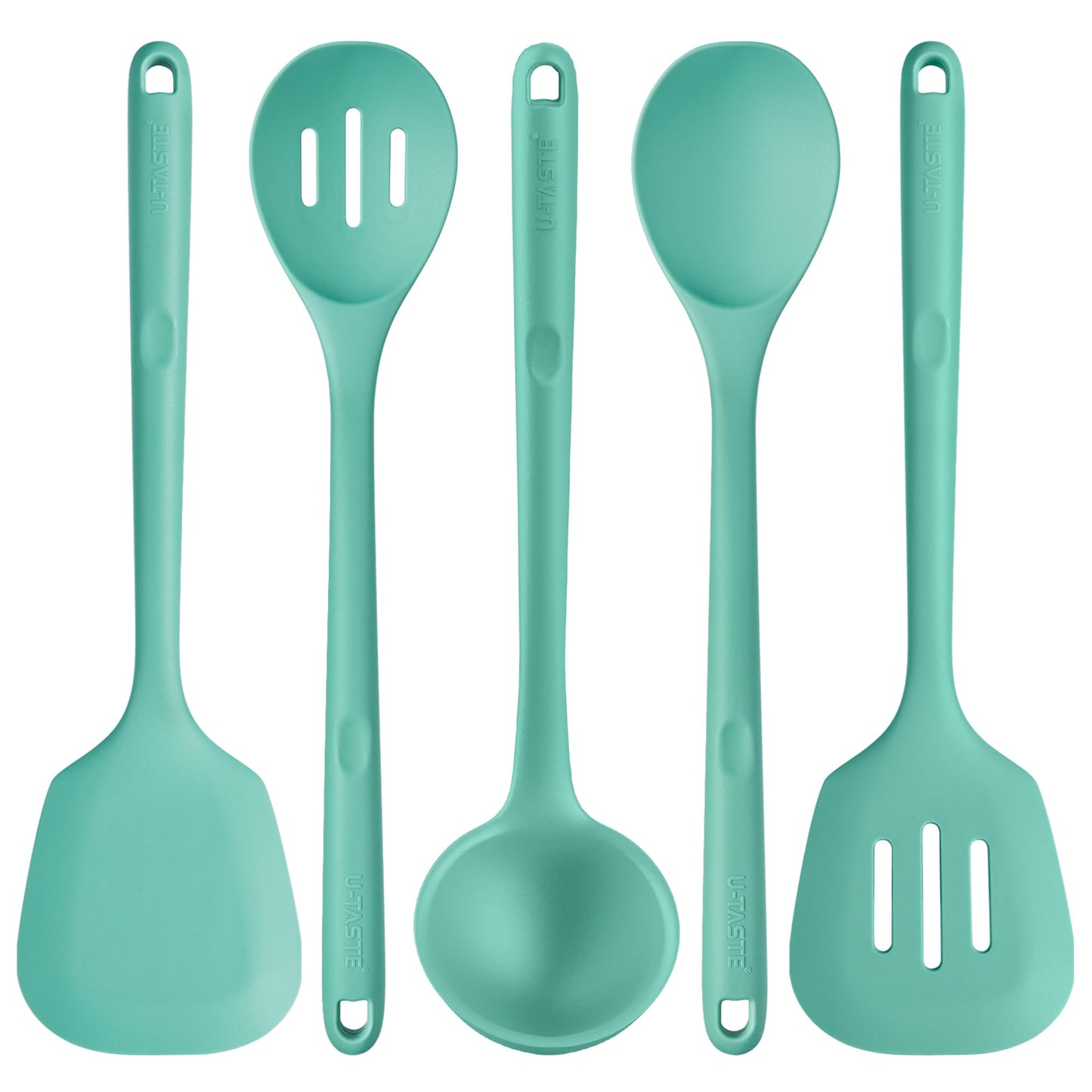 600ºF Heat Resistant Kitchen Utensil: U-Taste 13.6" Extra Long Silicone Cooking Tools Set, Food-Grade Non-Stick Solid and Slotted Turner Spatula, Mixing Spoon, and Soup Ladle (5 Pieces, Aqua Sky)