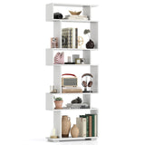 Tangkula 6-Tier S-Shaped Bookshelf, 64" Freestanding Geometric Bookcase, Home Office Wood Storage Shelf with Anti-Toppling Device, Room Divider Display Rack for Study, Living Room (1, White) Tangkula