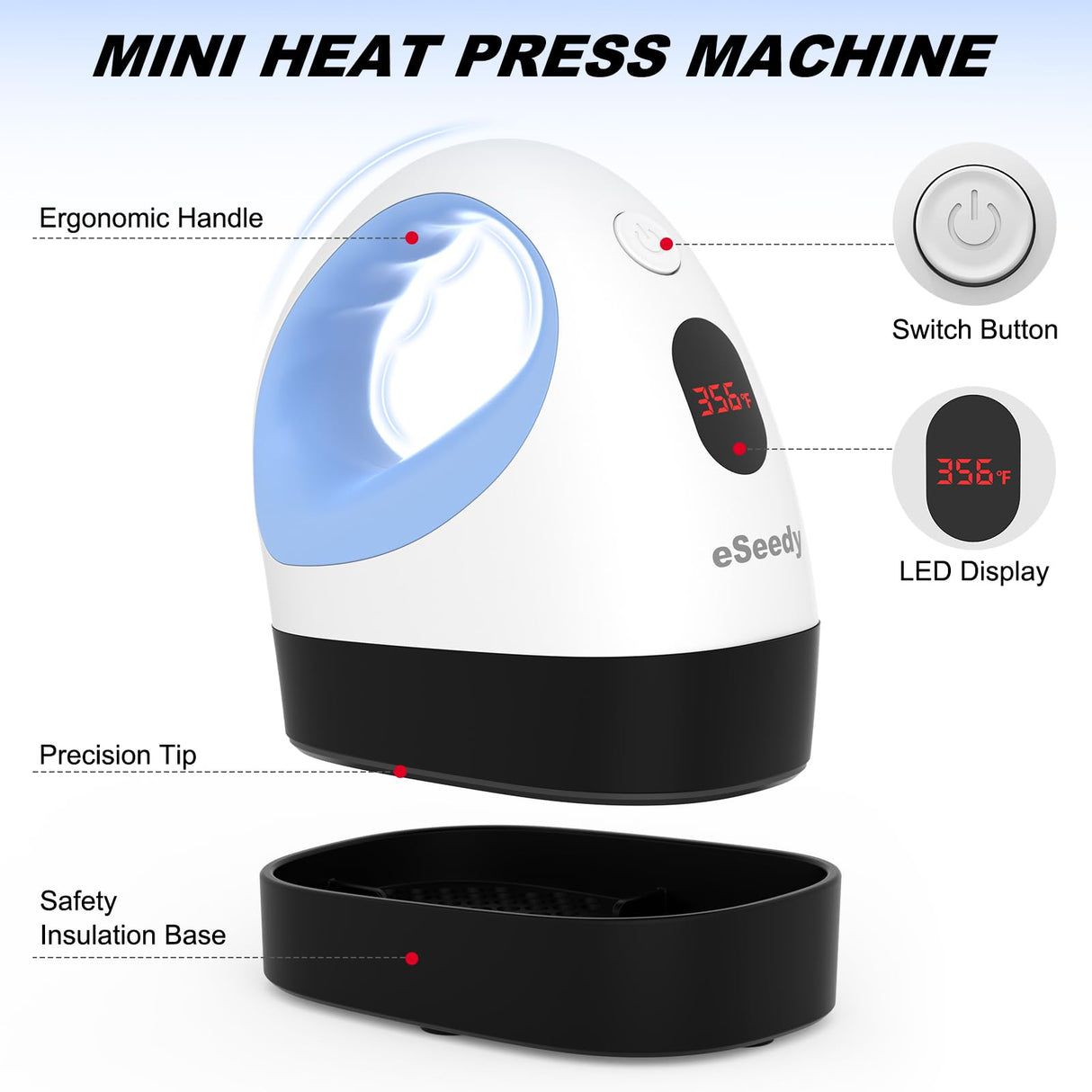 eSeedy Mini Heat Press Machine, 3 Heat Settings& Fast Heating, 15 Mins Auto-Off, Insulated Safety Base, Mini Iron for Crafting, T Shirts, Hats, Heating Transfer Projects(White Blue) eSeedy