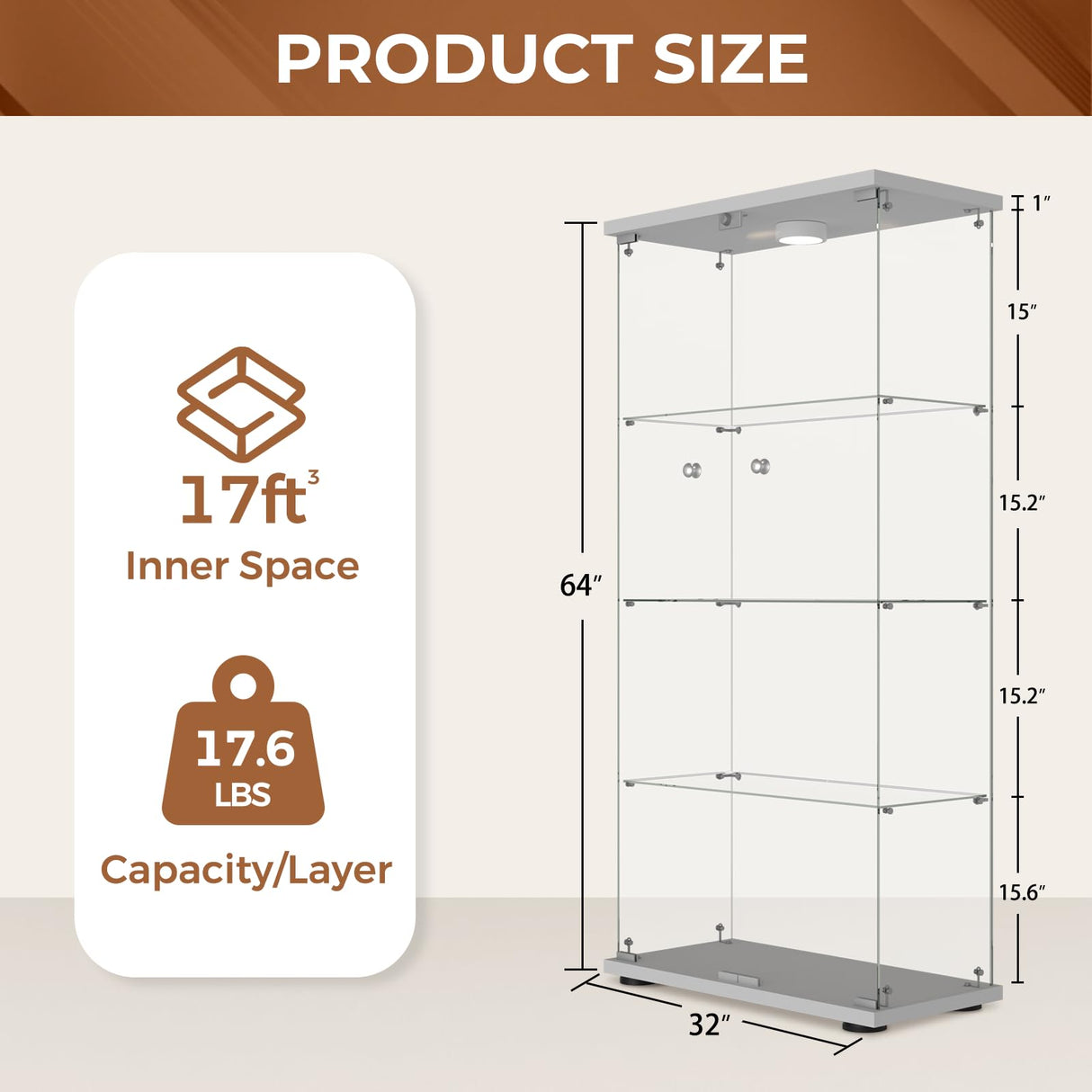 COHMJJY 4-Shelf Glass Display Cabinet with Double Doors, Curio Display Case with Lights & Lock, Tempered Glass Collectibles Showcase for Bedroom, Living Room 64'x 32'x 14' White COHMJJY