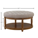 24KF Upholstered Round Coffee Table with Wooden Shelf, Tufted Button Large Round Ottoman with Spindle Wooden Legs, Linen Large Footrest Ottoman Pouf for Living Room, Linen 24KF