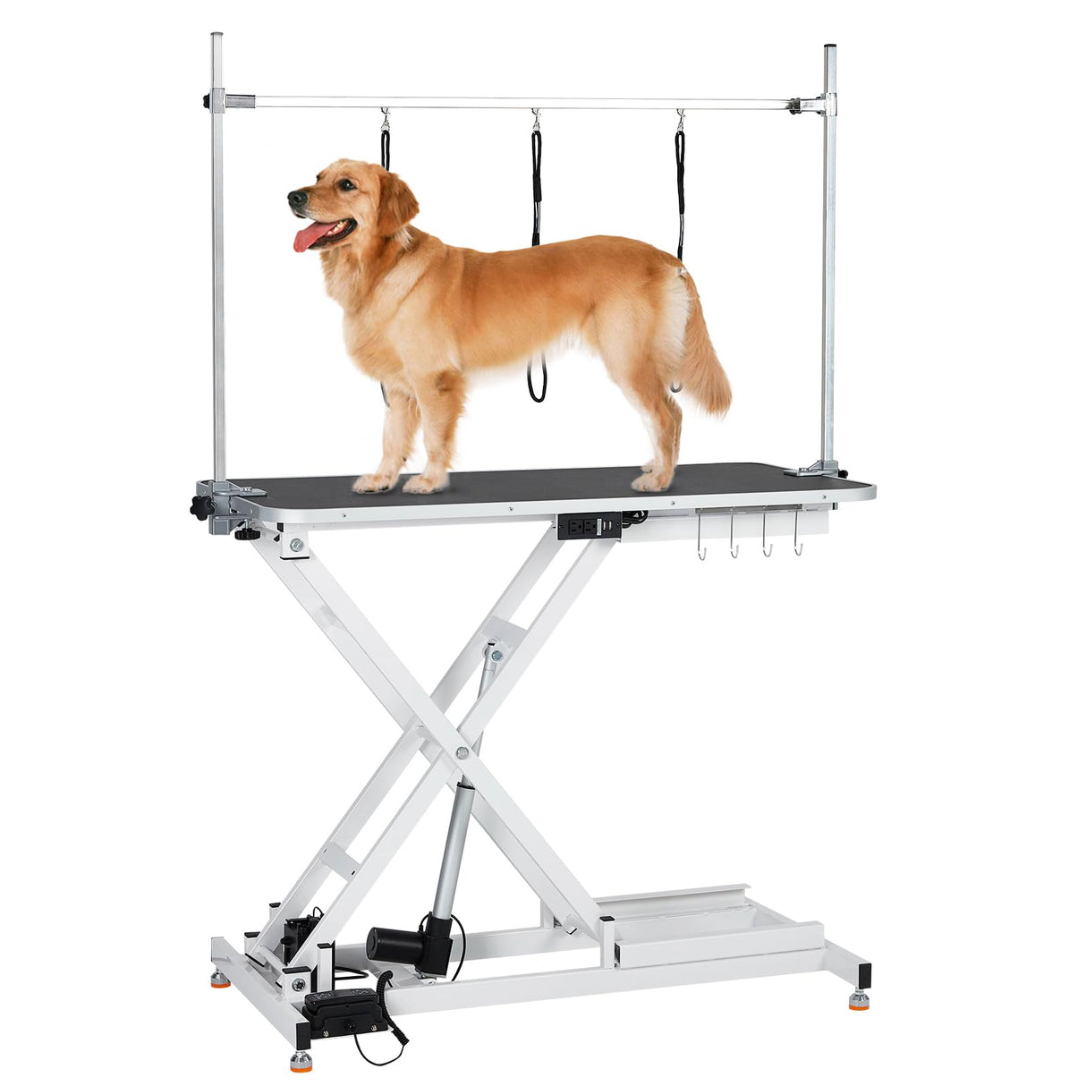 Upgraded Electric Dog Grooming Table - Heavy Duty, Height Adjustable (9.4"-39.4") Pet Grooming Table w/Leveling Wheels, X Lift, Anti Slip Tabletop & Tool Organizer/Dog Grooming Station, 47"/White PioneerWorks