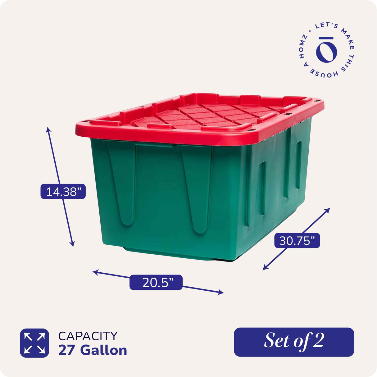 HOMZ 2-Pack Durabilt, Heavy Duty Plastic Storage Bins with Lids, 27 Gallon, Green/Red - Stackable Container Boxes for Holiday, Attic, and Garage Organization HOMZ