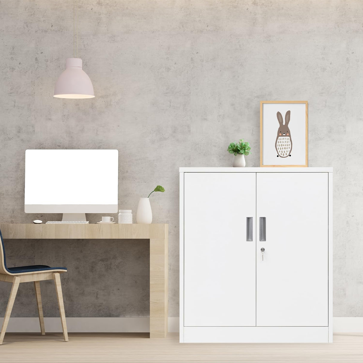 YEEZER Metal Storage Cabinet, 36" Lockable Garage Cabinet with Doors and Shelves, Steel Storage Cabinets with Adjustable Shelf for Home Office and Garage (White) YEEZER