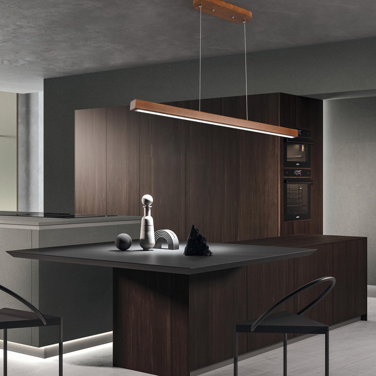 YISDESIGN 39" Wood Linear Pendant Light Modern LED Dimmable Ceiling Hanging Light Fixture Wood Linear Chandeliers 24w for Dining Room Kitchen Island Pool Table Bar Walnut Color (with Remote Control) YISDESIGN