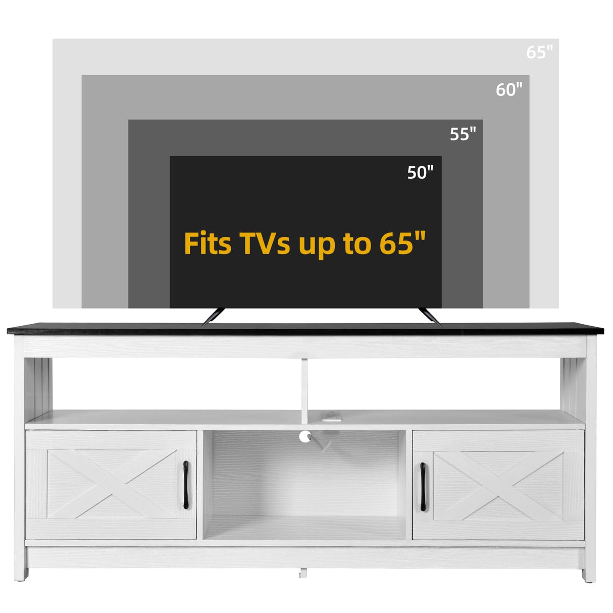 DWVO Farmhouse TV Stand for Television up to 65 Inch, Entertainment Center with Power Outlets and Open Shelf, Rustic TV Cabinet Media Console Table for Living Room, White/Black, 59 Inches DWVO