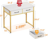 Casaottima 32 Inch Small Dressing Vanity Desk with 2 Drawers & Headphone Hook, Makeup Vanity Desk for Bedroom Without Mirror,Modern Space-Saving Design for Small Spaces White-Gold Casaottima