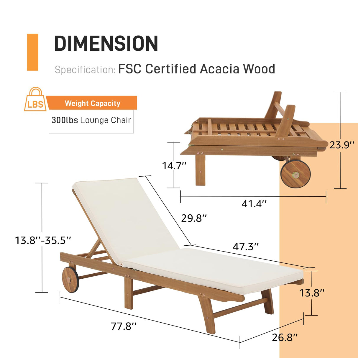 Patiorama Patio Acacia Wood Chaise Lounge Set of 2, Outdoor Folding Lounge Chair Recliner w/Adjustable Backrest, Wheels, Padded Cushion, Portable Sun Lounger Pool Chair for Deck, FSC Certified, Cream Patiorama