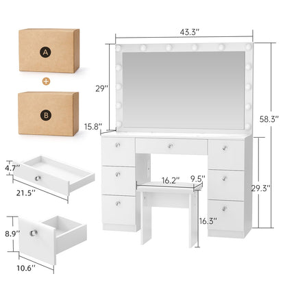 VOWNER Vanity with Lighted Mirror - Makeup Vanity Desk with Power Outlet and 7 Drawers, 3 Color Lighting Modes Adjustable Brightness, 44" Vanity Table with Soft Cushioned Stool for Women Girls, Marble